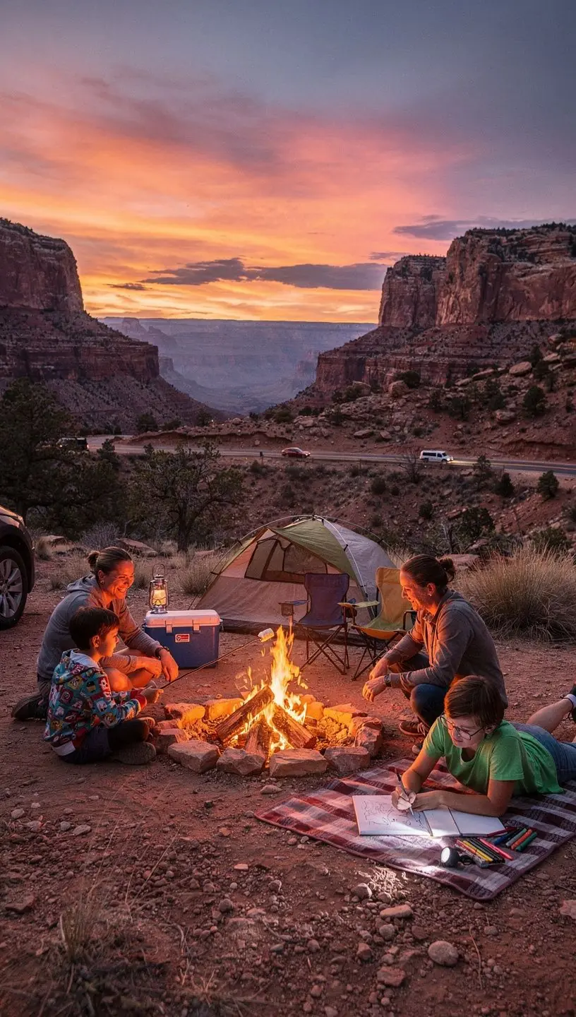 Traveler setting up a tent at a designated campsite surrounded by mountains and clear blue skies in a national park.